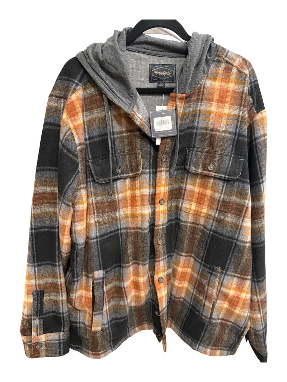 Wrangler Hooded Plaid Shacket Jacket - Gray, Orange & Brown